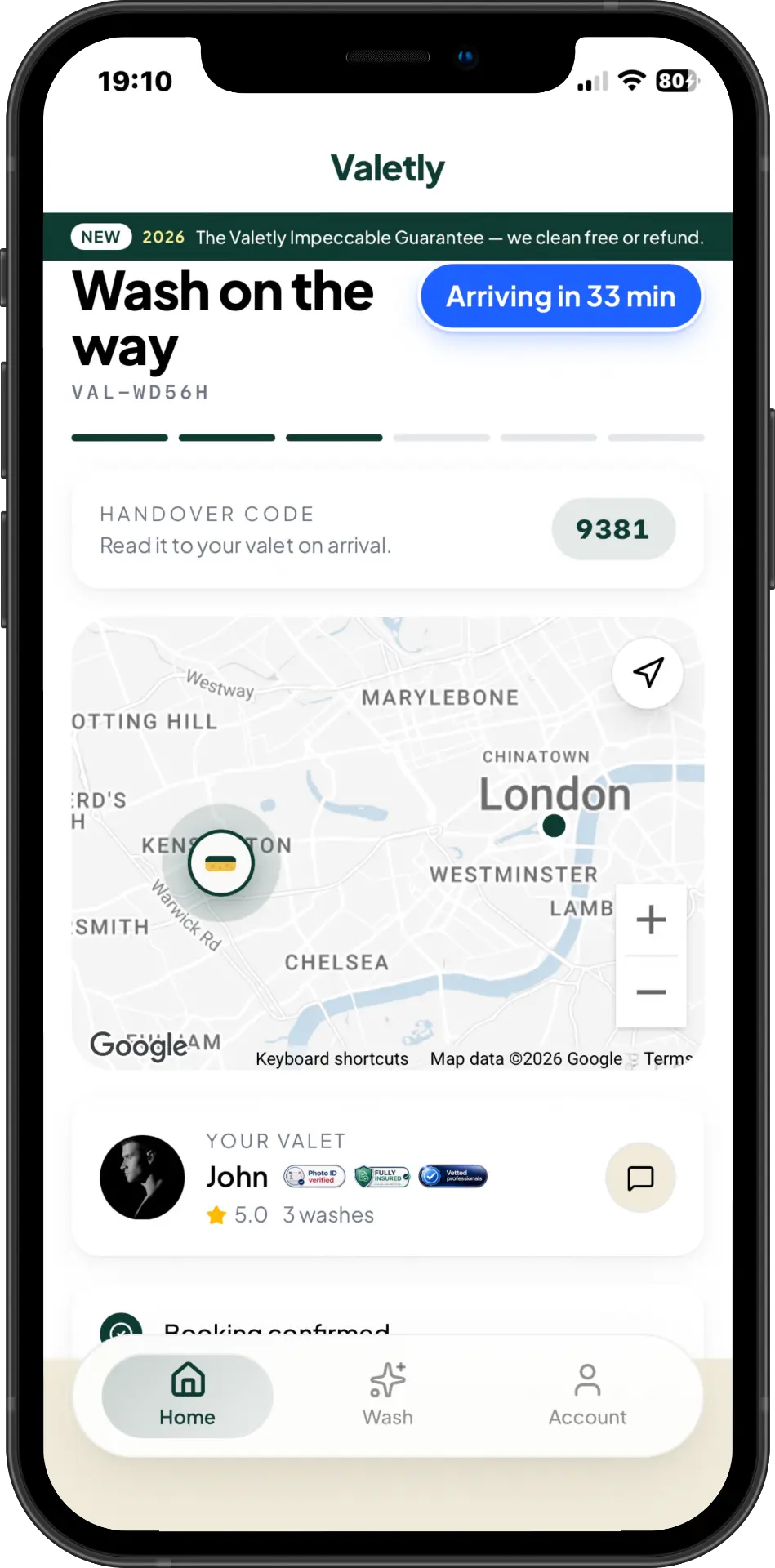 Valetly app showing live tracking with valet ETA and handover code