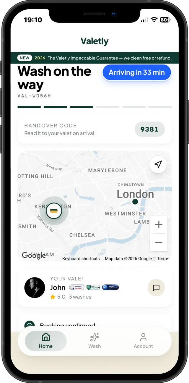 Valetly app — wash on the way, live tracking on iPhone